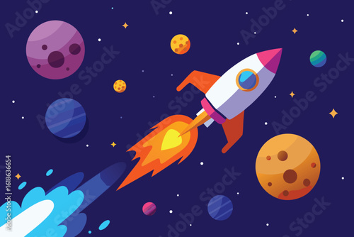  a stylized rocket ship blasts off into a colorful deep space scene, surrounded by various planets, twinkling stars, and a vibrant nebula, creating a sense of wonder and adventure vector illustration