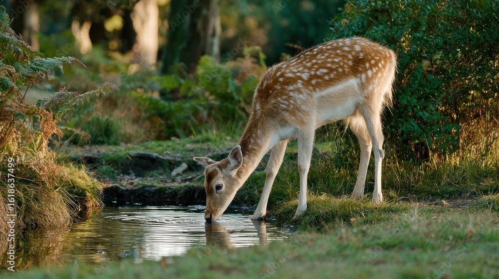 Obraz premium Fawn drinks from a woodland stream