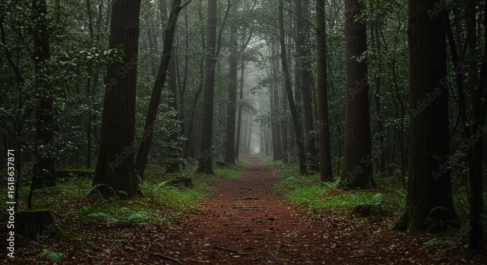 Obraz premium Forest path under misty conditions