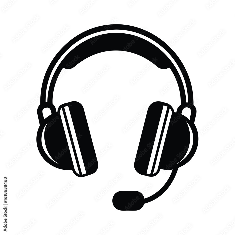 Fototapeta premium Headphones with Microphone Black and White Silhouette Style Illustration