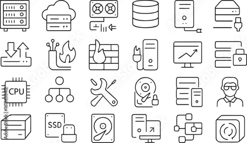 Data Center Line Icons Set – Editable Stroke Vector Illustrations of Servers, Storage, Networks, and Cloud Infrastructure