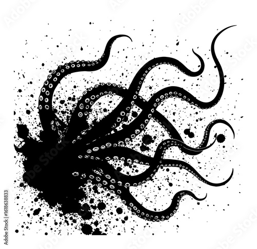 Detailed Scary Tentacles Emerging from Black Liquid Ink Splatter Horror Black and White Drip Splat Abstract Art