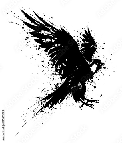 Dynamic Falcon Flying with Wings Spread in Ink Grunge Style Black and White Drip Splat Abstract Art
