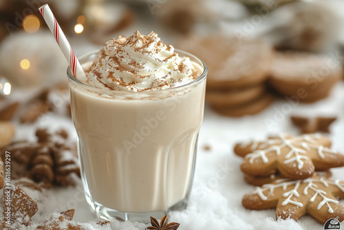 Glass of eggnog with whipped cream and nutmegv surrounded by gingerbread cookies