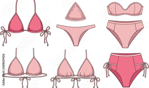 Set of women's bikini and swimwear flat sketches, various styles, front view, CAD fashion illustration, detailed vector design template