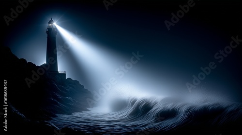 A cinematic and atmospheric long-exposure photograph of a lighthouse on a rugged, rocky coast, with churning waves and a threatening, dark sky.