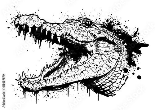 Fierce Crocodile Gaping Mouth Wide Open Black and White Drip Splat Abstract Art Illustration