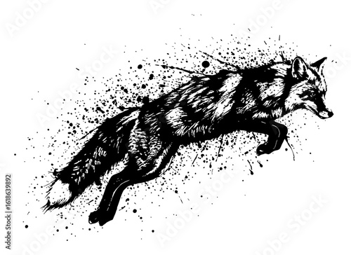 Fox Dynamic Motion Jumping Action Side View Black and White Drip Splat Abstract Art