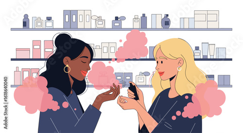 Two women are smelling perfume bottles on a shelf in a beauty store looking for their favorite scents