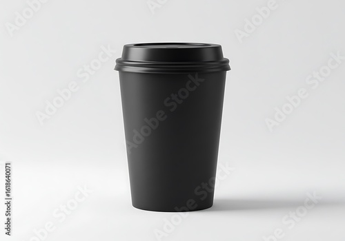 Minimalist black coffee cup with lid on white background