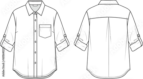 Rolled sleeve button-up shirt front and back flat sketch, chest pocket detail, CAD drawing fashion template, vector illustration design