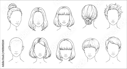 Line art illustrations of various hairstyles: bun, bob, short with bangs, curly, pixie, buzz cut, and more. Ideal for hair design and fashion templates.