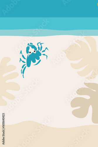 Summer sea beach background with crab and leaves shadow. Perfect for poster, banner, cover, card, story, sale. Vector template for decor and design.