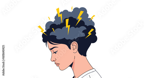 Experiencing mental anguish and stormy thoughts represented by lightning and clouds over a person's head
