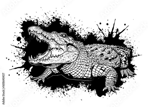Crocodile Gaping Full Body Shot Black and White Drip Splat Abstract Art Illustration Design