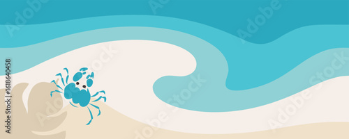 Vector sea horizontal banner with crab and leaf shadow. Hand drawn illustration with aquatic animals and copy space. The best summer beach background.