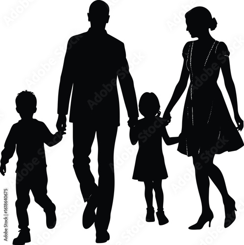 family silhouette of parents and two kids walking together holding hands outdoors