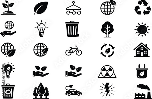 Collection of environmentally friendly icons depicting sustainability and ecological concepts