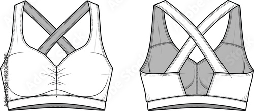 Sports bra front and back technical sketch with cross back straps, underbust band, ruched front detail, cad drawing vector illustration