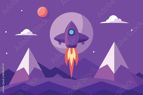  a purple rocket ship ascends through a cosmic landscape with mountains and clouds under a large moon, evoking a sense of futuristic space travel and discovery vector illustration