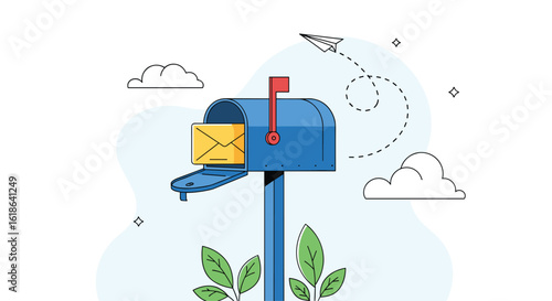 Charming blue mailbox with yellow envelope symbolizing incoming mail and postal services outdoors