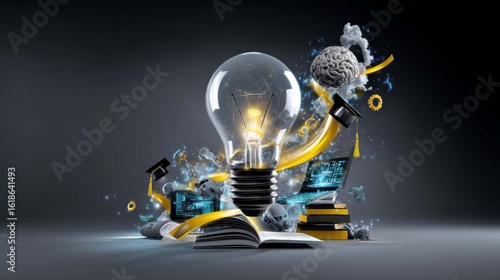 Innovative Light Bulb Surrounded by Technology and Creative Concepts for Future Ideas