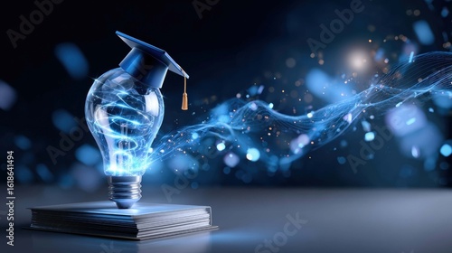 Innovative Education Concept: Lightbulb with Graduation Cap and Digital Elements