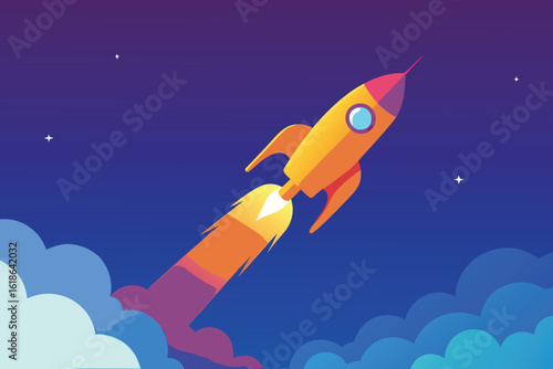  a vibrant yellow and orange rocket ascends into a gradient purple and blue night sky, emitting a fiery trail and surrounded by stylized clouds vector illustration