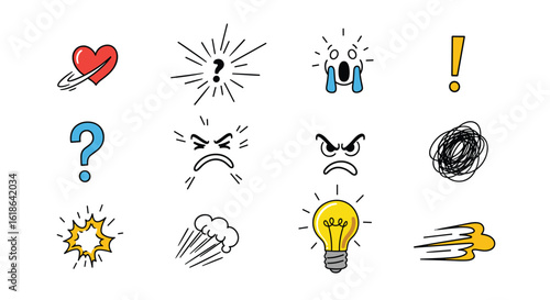 A collection of expressive hand drawn icons representing emotions ideas and reactions for creative projects