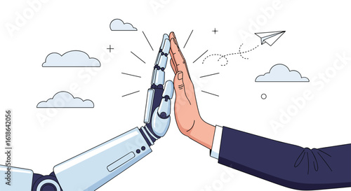 Human and robot collaboration synergy high five demonstrating advanced artificial intelligence partnership in futuristic technology development