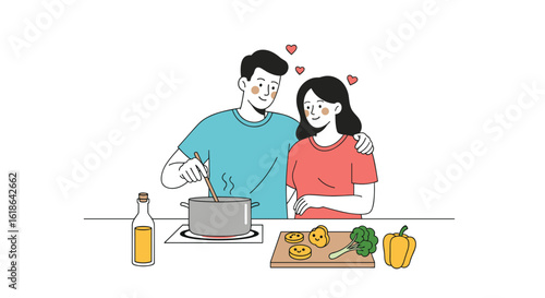 Happy couple enjoying cooking together watching a recipe video online feeling love and romance