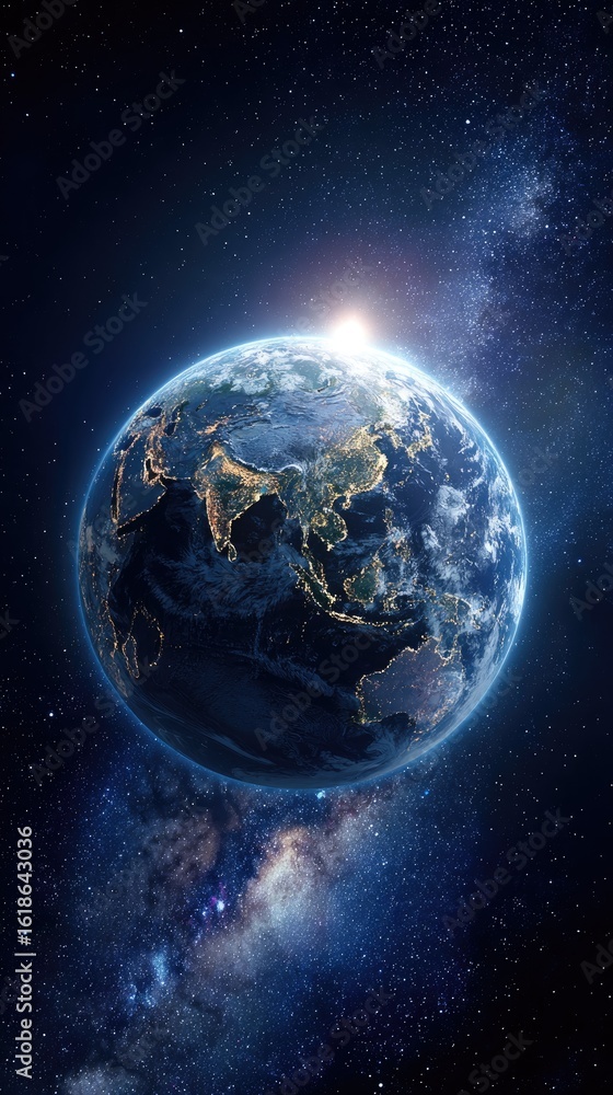 Naklejka premium Earthrise over a vibrant Milky Way galaxy, showcasing city lights and sunlit continents against a dark cosmic backdrop