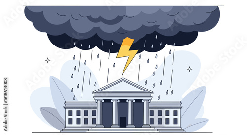 Severe weather threatens government building during intense thunderstorm and heavy rainfall causing electrical storm damage risk