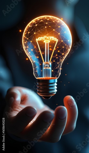 a glowing, digital wireframe light bulb floating above a hand
