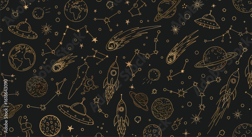 Cosmic celestial patterns with golden stars astrology symbols and abstract celestial bodies design