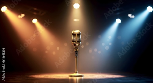 Retro microphone on an empty stage, illuminated by contrasting warm and cool spotlights, perfect for music and entertainment themes.