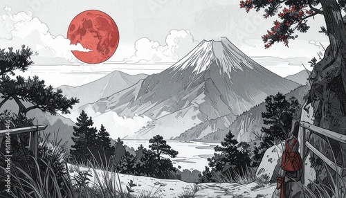 Majestic Japanese Mountain Landscape with a Red Sun