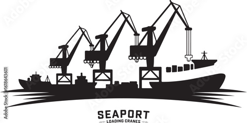 A sleek black silhouette depicting cargo cranes loading and unloading containers from a ship, with the text "Seaport" at the base. Ideal for maritime logistics, shipping industry, and port-related gra