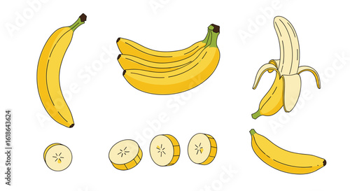 A delightful collection of ripe yellow bananas presented in various stages of preparation and consumption showcasing their natural appeal and deliciousness