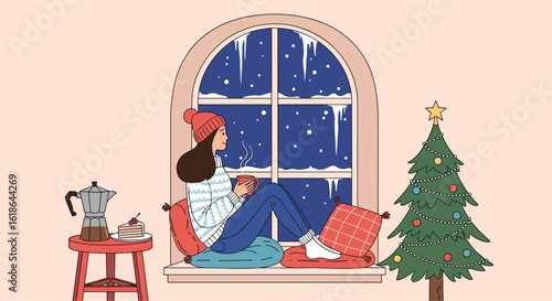 Cozy winter evening watching snowfall with hot coffee and festive christmas tree inside