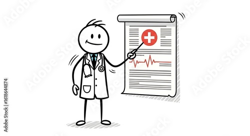 Wallpaper Mural Stick Figure Doctor Explaining Medical Report with Heartbeat and Red Cross Torontodigital.ca
