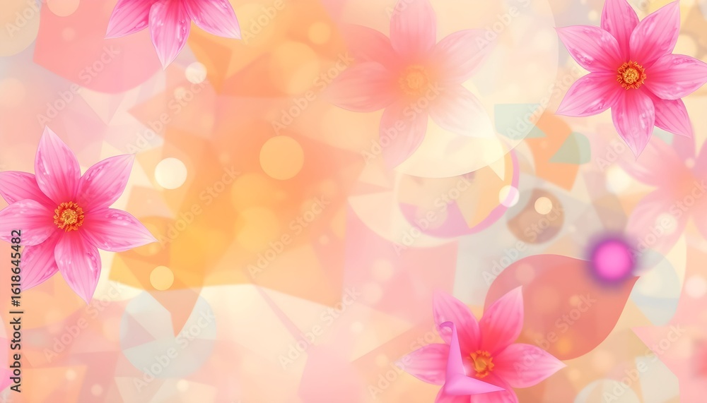 Fototapeta premium A soft, dreamy background featuring pink flowers scattered across a canvas of bokeh and pastel hues, creating a gentle, floral aesthetic.