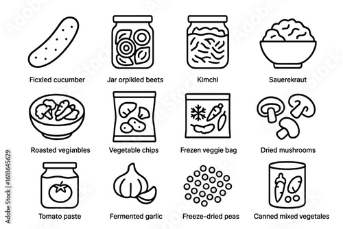 Freeze-dried peas and pickled vegetables icon set on dark background