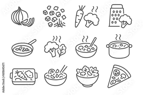 Outline icons of vegetables and cooking ingredients on black background
