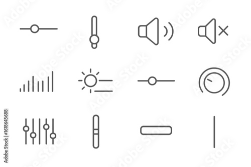Vector icons: volume, settings, brightness, controls on dark background