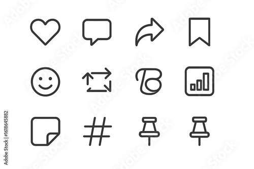 Set of dark social media icons with heart and smiley symbols