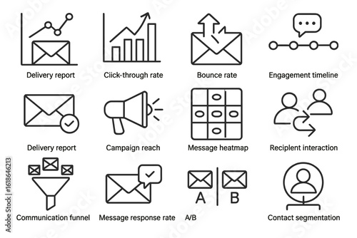 Email marketing metrics icons: click-through rate, bounce, engagement
