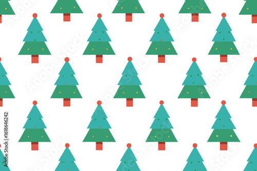  seamless pattern of stylized christmas trees with red baubles and brown trunks on a white background, perfect for festive holiday designs and decorations vector illustration
