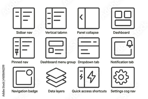 Interface icons for navigation and settings on dark background
