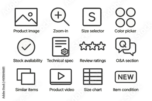 E-commerce interface icons: tools for enhanced shopping experience